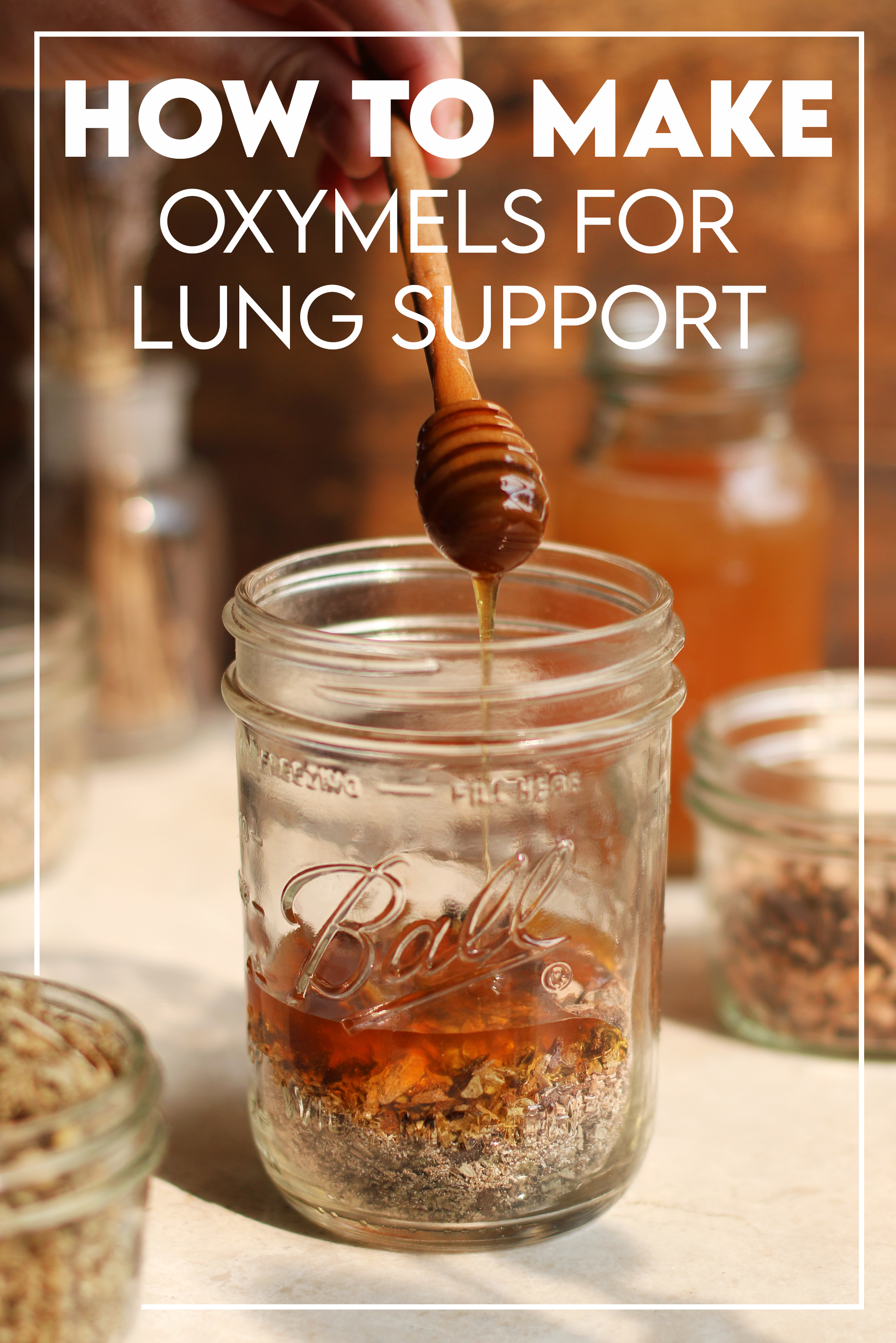 Honey dripping into a glass mason jar full of herbs Pinterest pin Honey dripping into a glass mason jar full of herbs Pinterest pin